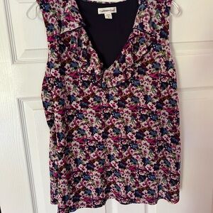 Cold Water Creek Burgundy Black Blue Floral Print Top Size 1X